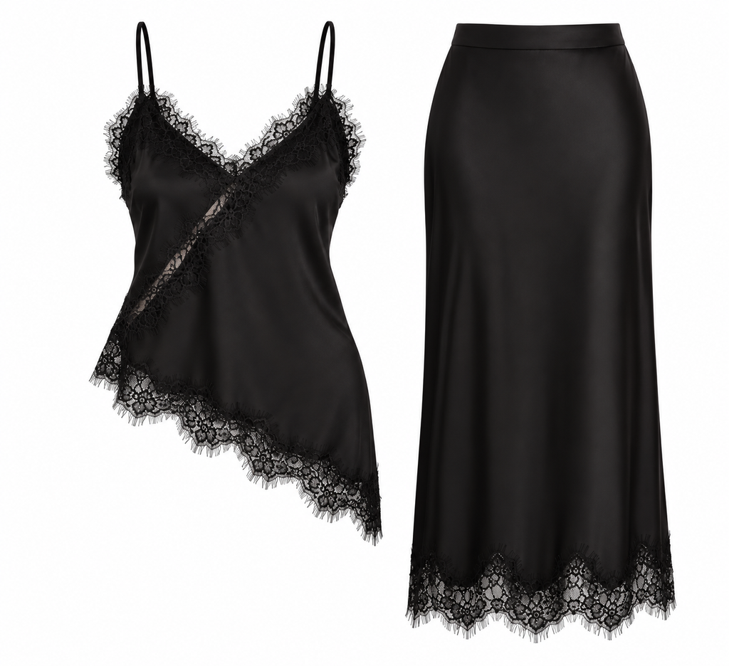 Set Negro Satinado Con Encaje