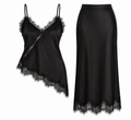 Set Negro Satinado Con Encaje